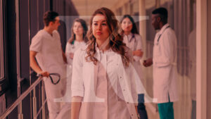 Young female doctor walking by the corridor of the hospital